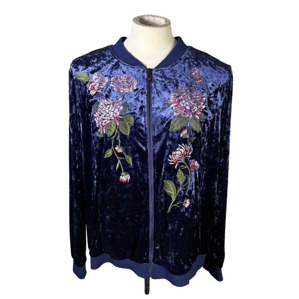 Belle by Kim Gravel Navy Blue Crushed Velvet Floral Embroidered Bomber Jacket XL